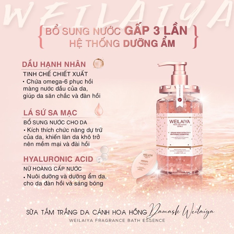 Sữa tắm toàn thân Weilaiya, chiết suất nước hoa hồng và tinh chất hoa hồng Damask [ Chai 450ml]