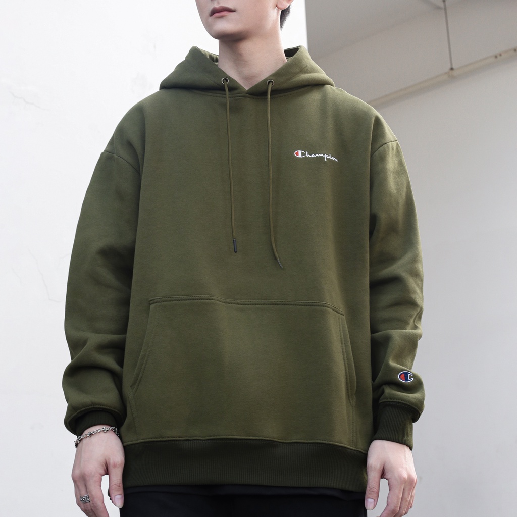 Áo Hoodie Màu Xanh Rêu Thêu Logo Champion Sắc Nét Phía Trước Chất Liệu Nỉ Bông Cotton-Form Rộng Rãi Unisex Nam Nữ