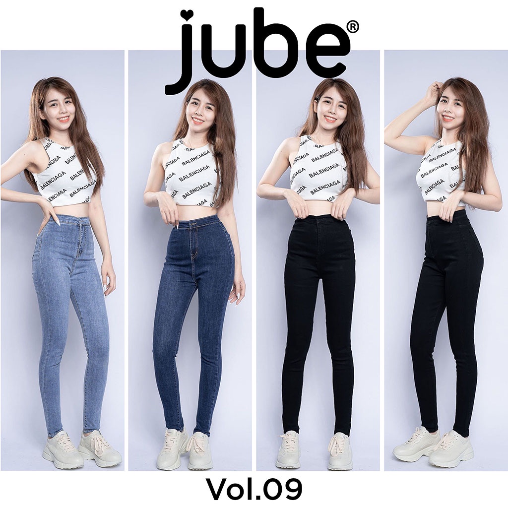 Quần Jean Nữ Lưng Cao Trơn Không Túi JUBE Vol.9, Quần Bò Nữ Skinny Lai Cuốn Jean Co Giãn Hack Dáng, BST Signature Jeans