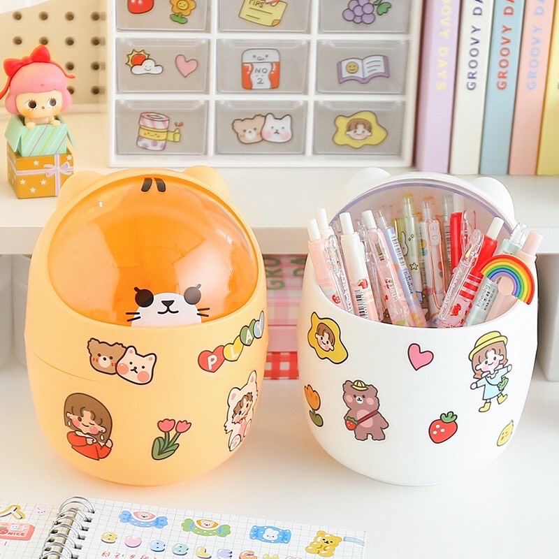 Thùng Rác Mini Để Bàn Trang Trí cực kì Cute Đáng yêu - Thùng Rác Lật Kèm Sticker