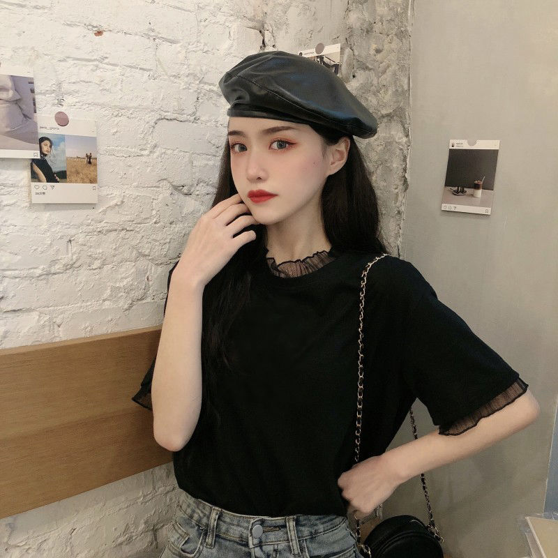 Áo Thun Ngắn Tay Phối Lưới Phong Cách Hàn Quốc Dành Cho Nữ