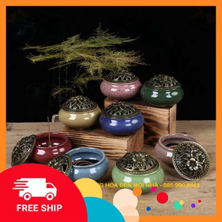 Lư xông trầm hương đỉnh đốt nhang gốm sứ cao cấp có khay đốt trầm bằng kim loại