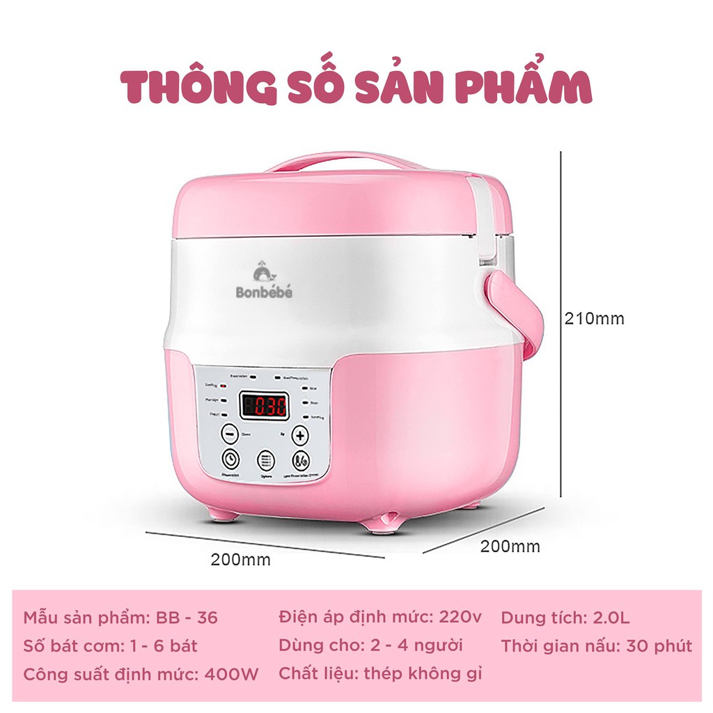 Nồi Ninh Hầm Hấp Nấu Nhanh Thông Minh Chống Trào Chống Cháy BONBEBE BB-36 Dung Tích 2L