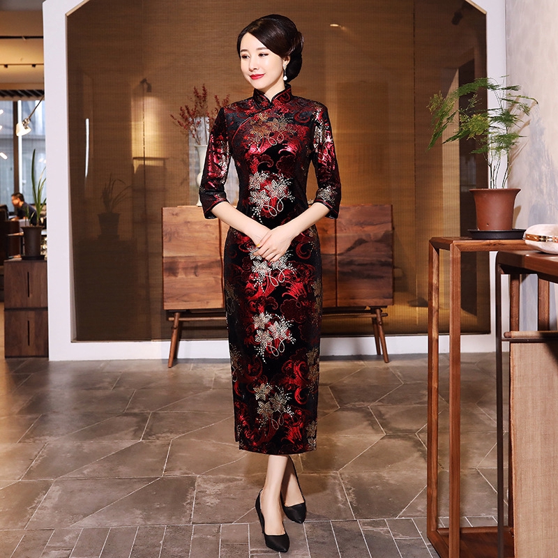 Women Autumn Winter Gold Velvet Long Cheongsam Dress Vintage Slim Three Quarter Sleeve Plus Size Dresses 4XL | BigBuy360 - bigbuy360.vn