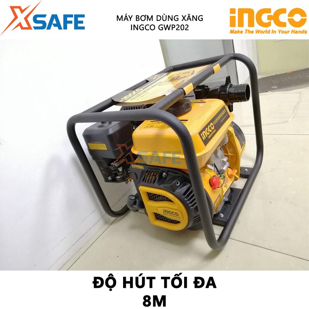 Máy bơm nước dùng xăng INGCO GWP202 Máy bơm nước động cơ xăng 7.0HP, dung tích xi lanh 208cc, bình nhiên liệu 3,6L-XSAFE