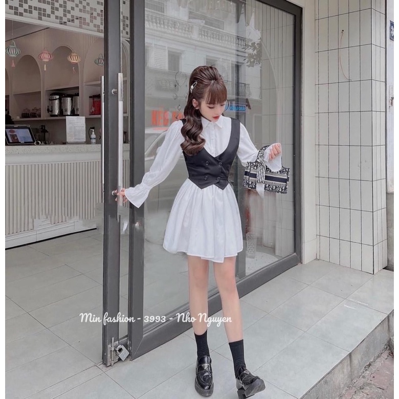 SET ĐẦM SƠ MI TAY DÀI + GILE ĐEN