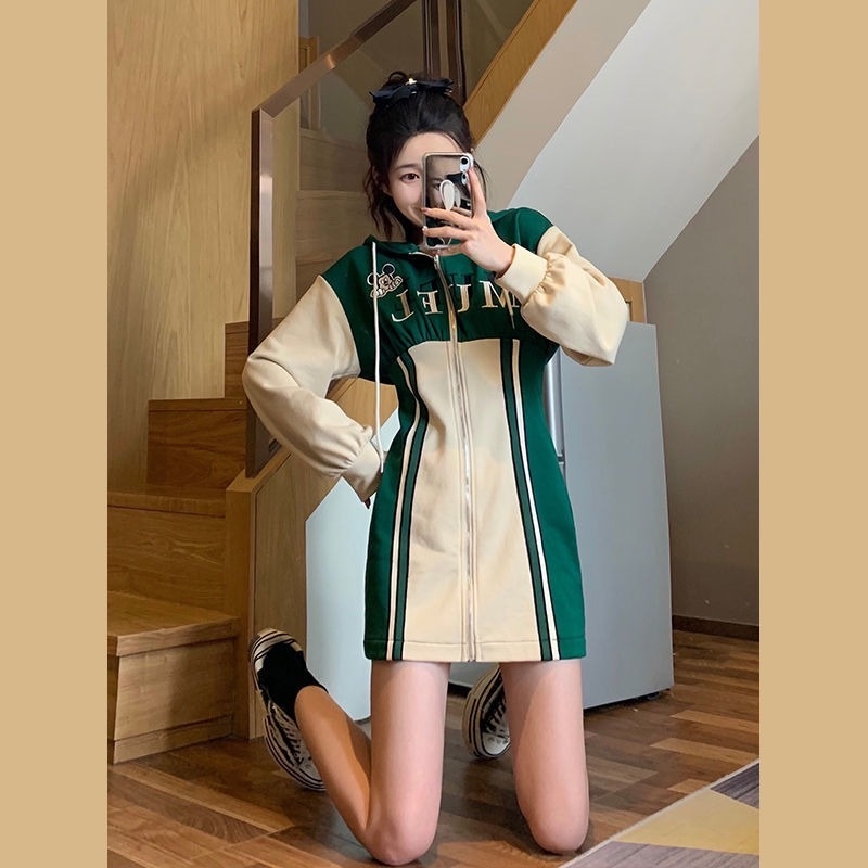Đầm hoodie dài tay thiết kế mới thời trang mùa thu đông theo phong cách pháp