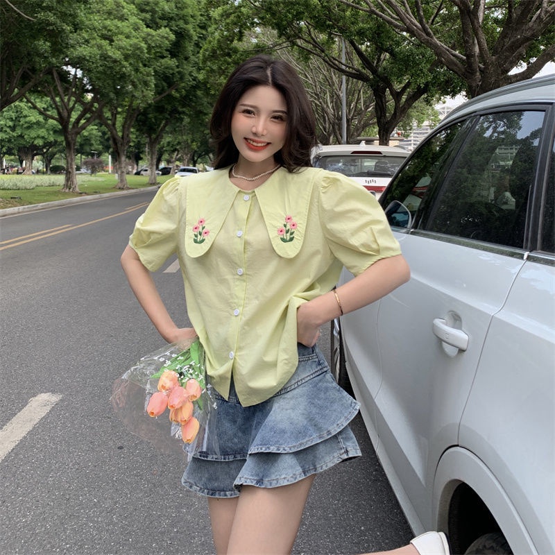 Áo Sơ Mi Trắng Ngắn Tay Thêu Họa Tiết Thời Trang Cho Nữ