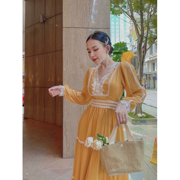 Maxi voan tay dài phối ren trắng đỏ vàng, đầm váy thời trang nữ tiểu thư dễ thương đi chơi du lịch đi biển chụp hình