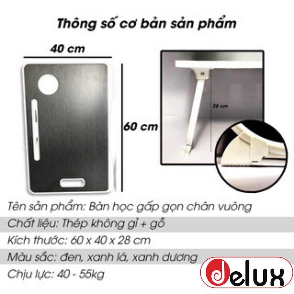 Bàn gấp gọn có ngăn kéo cho bé học tập,bàn làm việc trên giường mặt gỗ kèm khe cắm ipad giá rẻ chân vuông Delux