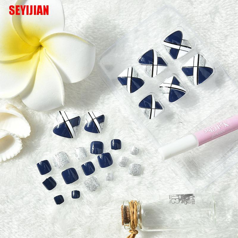 (Hàng Mới Về) Bộ 24 Móng Chân Giả Màu Xanh Dương Kèm Keo Dán