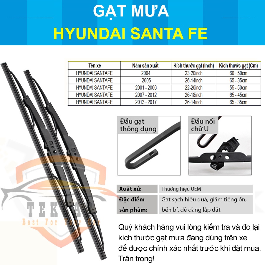 [1 CẶP ] Gạt mưa ô tô xe Hyundai Santa Fe cần gạt kính khung xương sắt lưỡi silicon lưỡi gạt nước mưa oto xe hơi