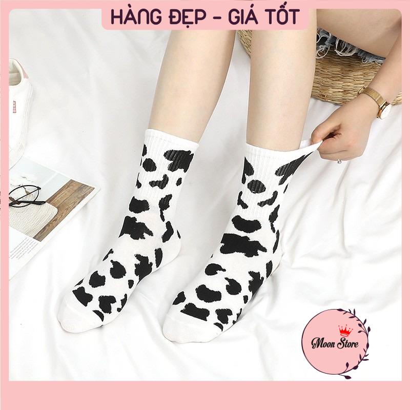 Tất vớ nam nữ cổ cao hoạ tiết bò sữa phong cách Vintage Hàn Quốc hottrend BT4