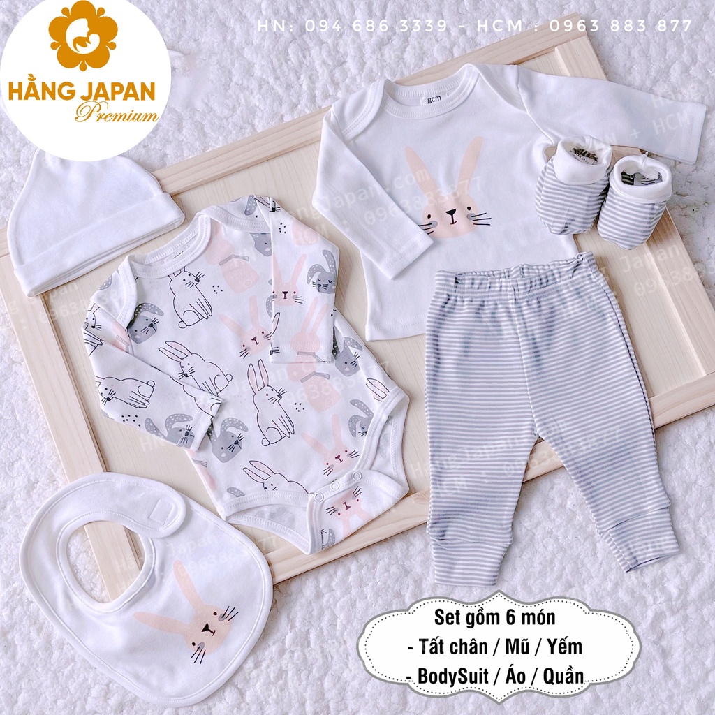 Set đồ sơ sinh 6 chi tiết Gem Look cho bé gồm bộ body, bộ quần áo, mũ, yếm, bao chân cotton organic hàng Úc
