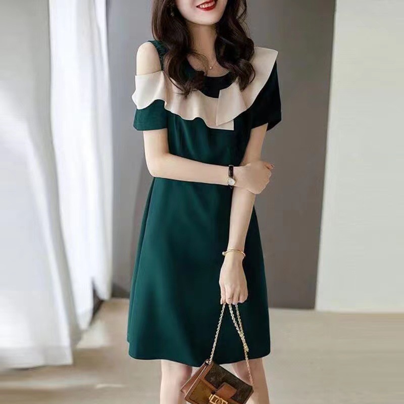 Đầm Tay Ngắn Hở Vai Phối Bèo Màu Sắc Hợp Thời Trang Dành Cho Nữ