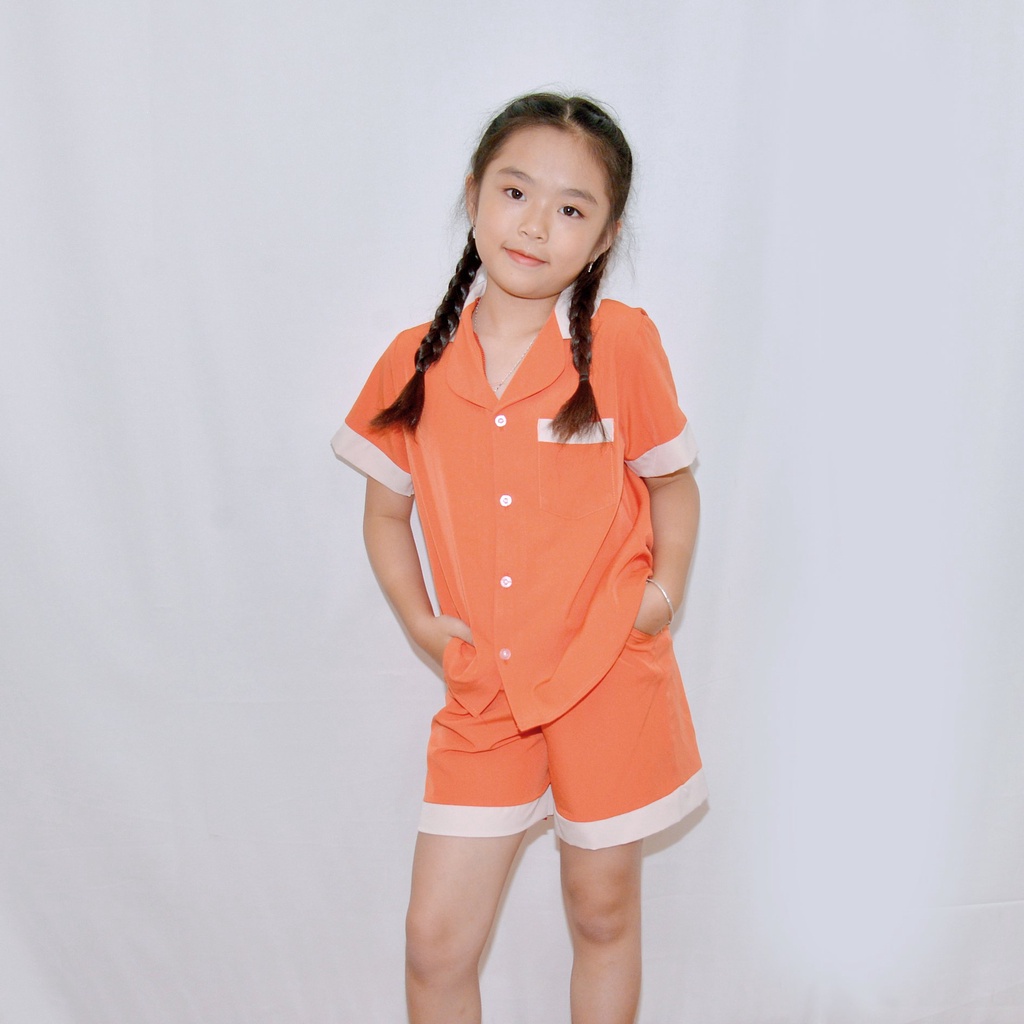 Bộ đồ ngủ pijama bé gáÍ MÀU CAM PHA CỔ - Vải lụa mềm mại, màu sắc tươi mới, mang lại cho bé cảm giác cực kỳ dễ chịu