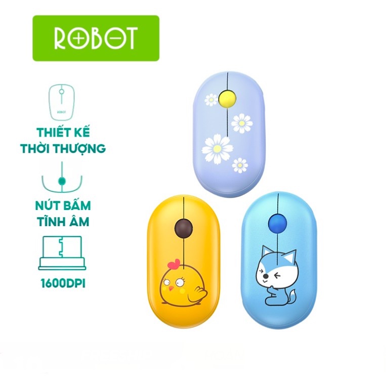 Chuột Tĩnh Âm Không Dây ROBOT M230 - Họa Tiết Hoạt Hình - Độ Phân Giải 1600 DPi - Bảo Hành 12 Tháng-HÀNG CHÍNH HÃNG