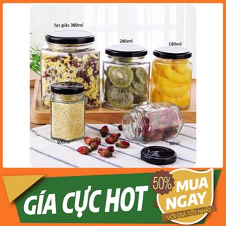 {HŨ THỦY TINH}🍓 ĐỦ SIZE 🍓Hũ thủy tinh lục giác nắp thiếc đen