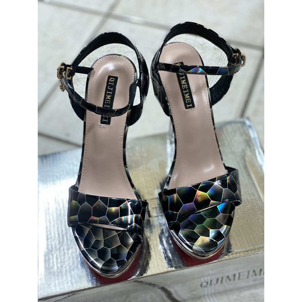 Giày cao gót thời trang mũi hở gót cao 7-10cm đen bóng