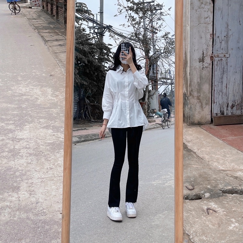 Quần jean ống loe nữ lưng cao chất kaki co dãn tốt kèm ảnh thật