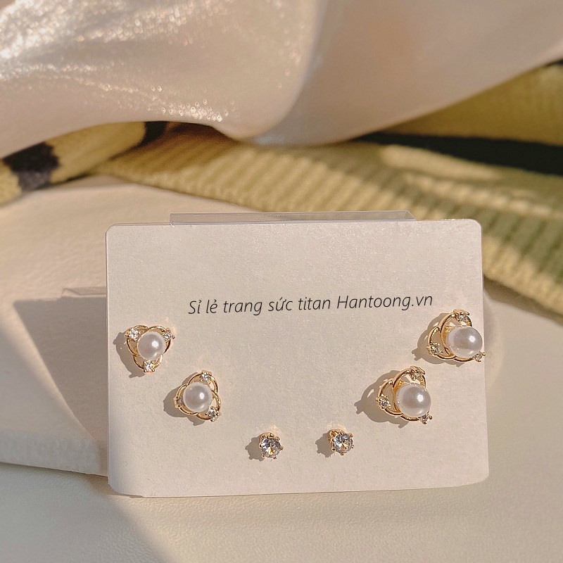 Set 3 đôi bông tai ngọc trai thiết kế trẻ trung thời trang thanh lịch