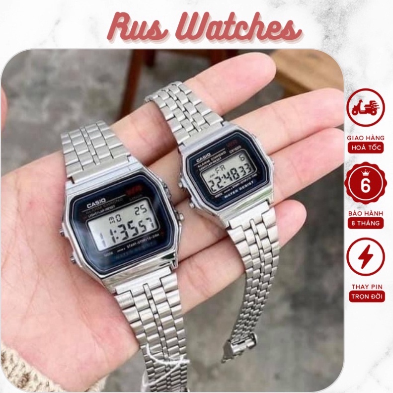 ◈✱Đồng hồ Casio nam nữ điện tử A159 mặt vuông dây thép bền màu - có bảo hành 6 tháng