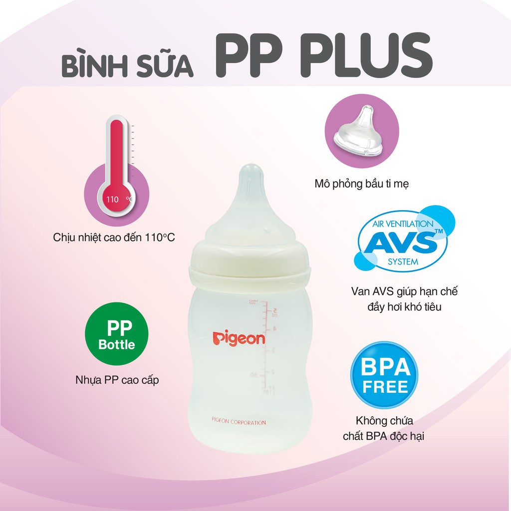 Bình sữa cổ rộng cho bé PP Plus Pigeon chịu nhiệt cao 160ml/ 240ml/ 330ml