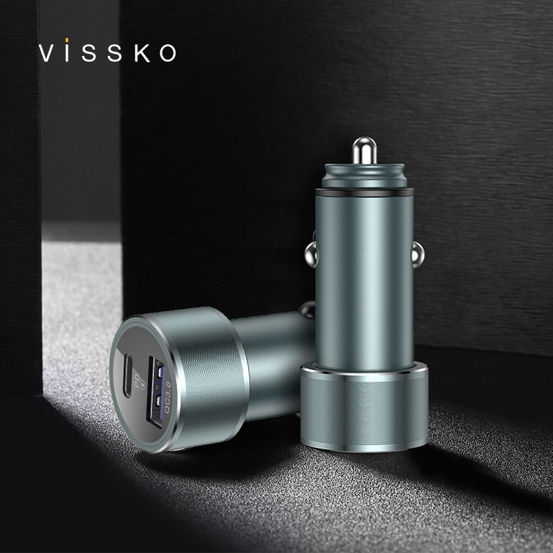 Vissko Car Charger 6A/36W for Dual Ports Type C+USB Support QC3.0+PD Fast Charging