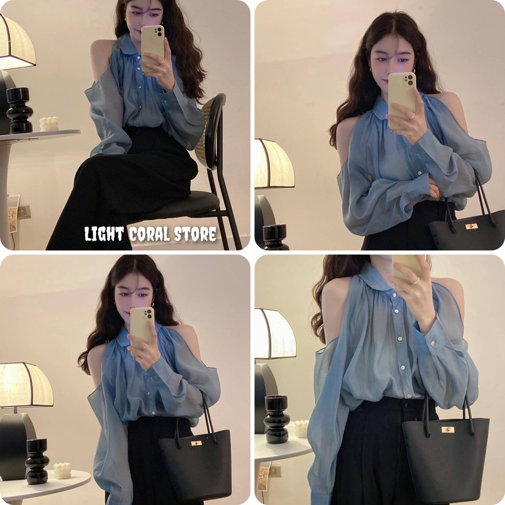 (ORDER) Áo sơ mi kiểu cổ bèo hở vai chất voan tơ mỏng bóng xinh xắn tone màu xanh thiên than style Hàn có size
