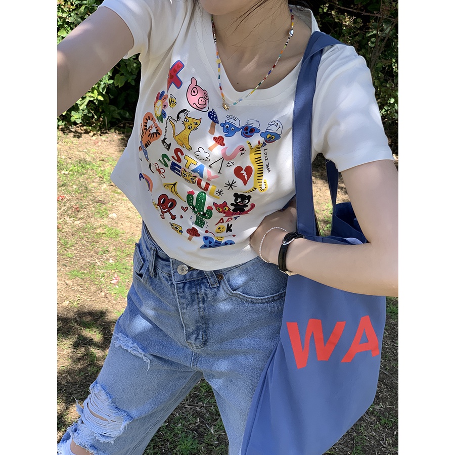 Áo Thun Tay Ngắn Cổ Tròn Màu Đen In Họa Tiết Hoạt Hình Phong Cách Hàn Quốc Thời Trang Cho Nữ