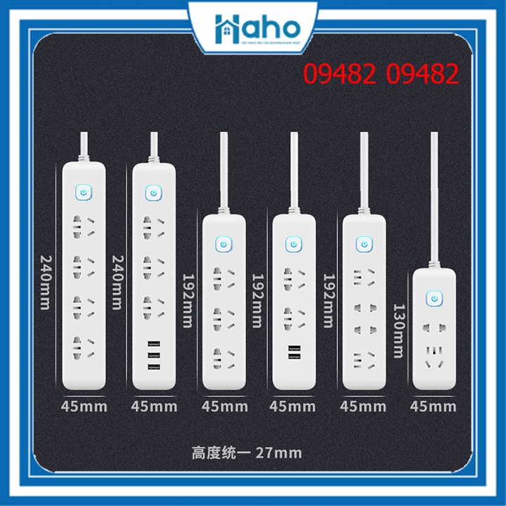 Ổ Cắm Điện Đa Năng Chống Giật Thông Minh Có Cổng Sạc USB Dây Dài, Chịu Công Suất 2500w Haho