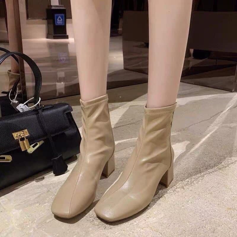 Bốt nữ da PU lì cổ ngắn khoá sau Giày bốt boot da nữ cao cổ đế vuông cao 5cm, khoá kéo, đường chỉ thẳng