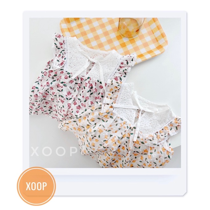 Bộ cộc thô mềm hạt nảy  phối ren trắng hoa tím vàng cho bé gái (8-18kg)