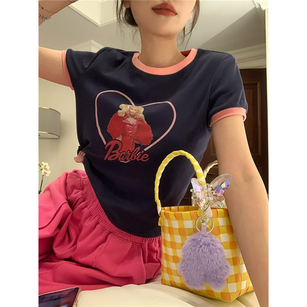 Áo Thun Mùa Hè 62571 Dáng Ngắn In Họa Tiết Màu Sắc Tương Phản Phong Cách Mỹ Cổ