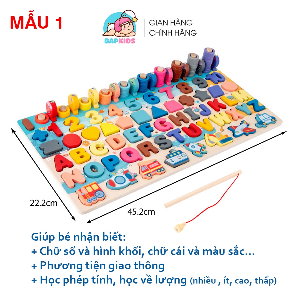 Đồ chơi câu cá gỗ đa năng 7 trong 1 kèm hình khối, số, chữ và phương tiện giao thông