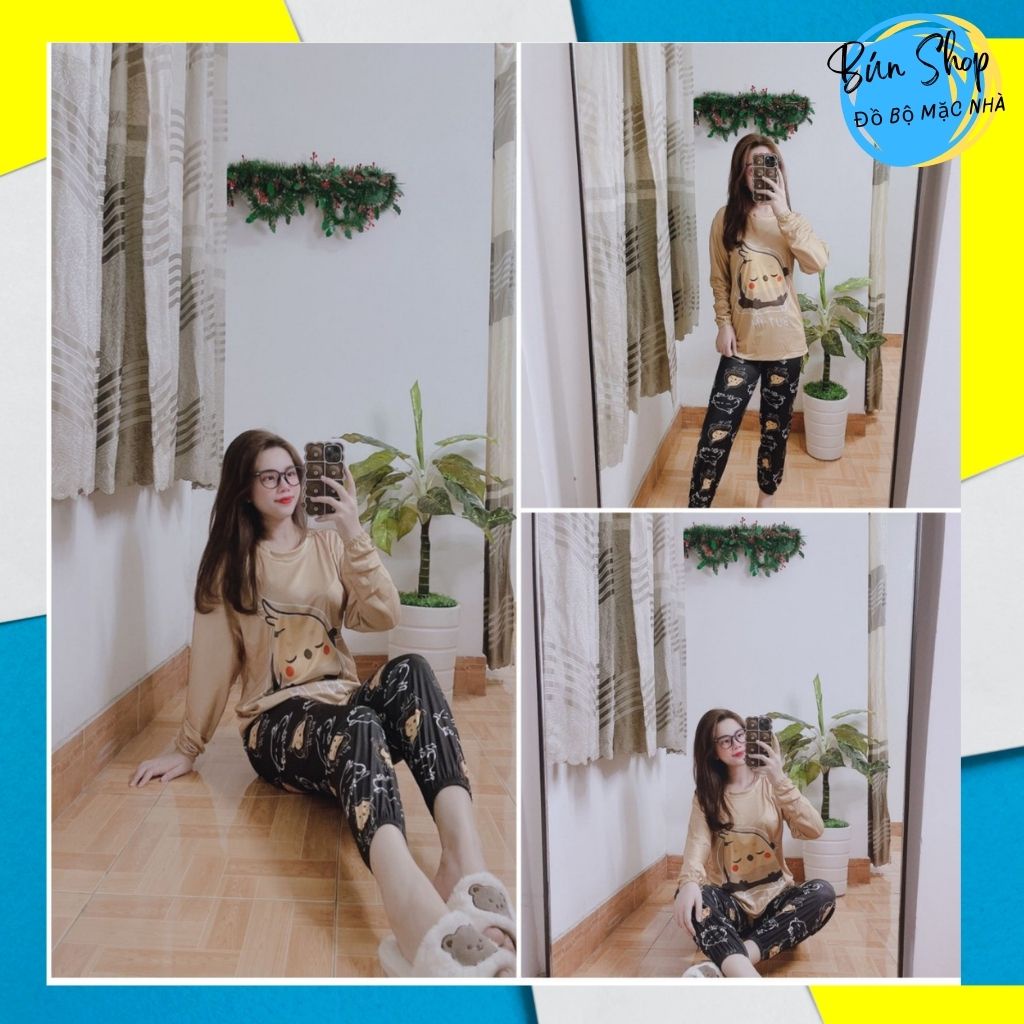 Đồ bộ mặc nhà nữ họa tiết dễ thương dài tay,chất liệu thun lạnh mỏng thoáng mát,bộ đồ ngủ dài tay xinh xắn