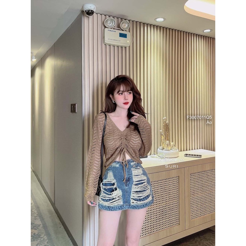 Áo len lưới mỏng rút giữa ngực tay dài hàng QC!