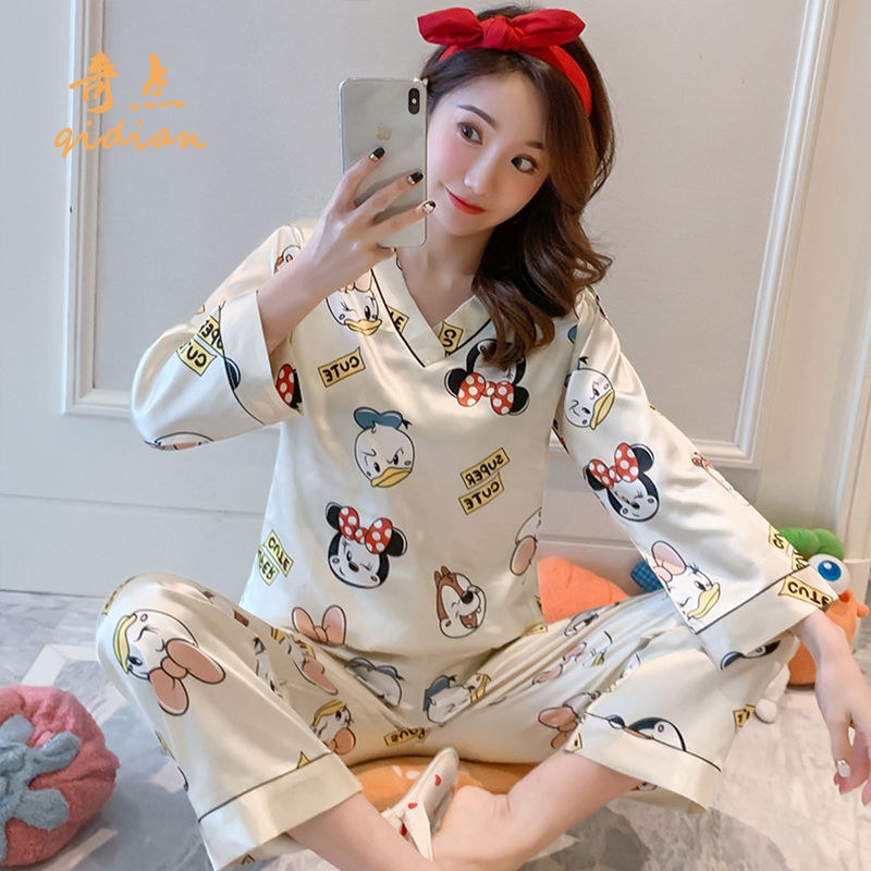 Bộ đồ ngủ tay dài chất lụa lạnh mỏng cỡ lớn kiểu Hàn Quốc dễ thương thời trang xuân thu cho nữ