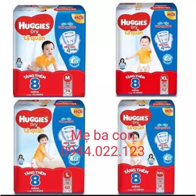 TÃ QUẦN/TÃ DÁN HUGGIES M74,M76,L68,XL62,XXL56 MỚI