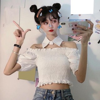 Áo Croptop Trễ Vai Tay Phồng Tặng Kèm Cổ Sơ Mi Hở Vai Ulzzang Trắng / Đen / Tím DRACR24