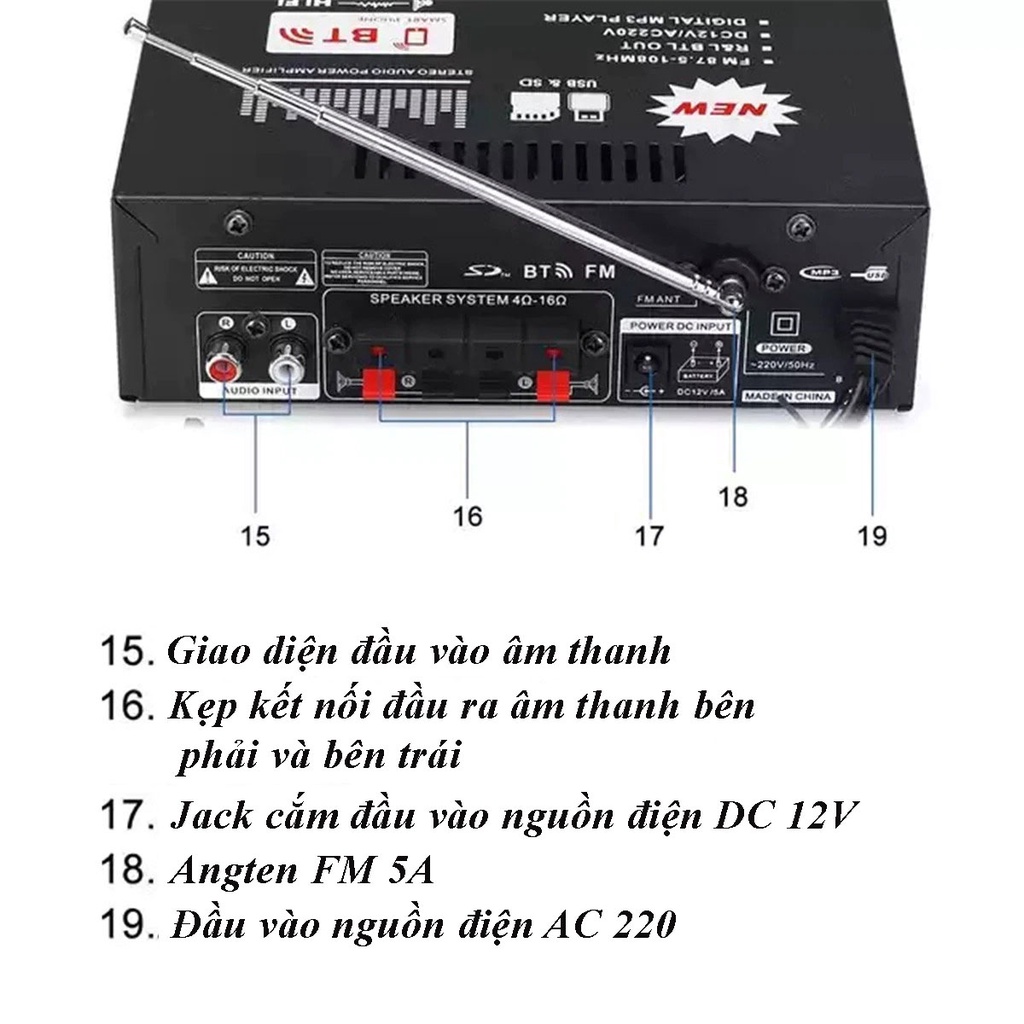 Amply mini bluetooth 12v/220v BT-198B hàng chuẩn (tiếng ra 2 vế), chuyên cân loa nghe nhạc, đánh chim đêm, bán hàng rong