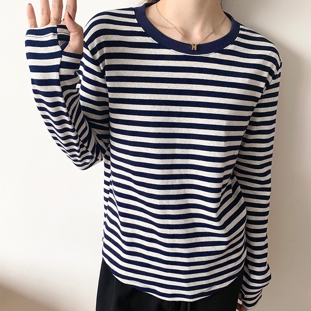 Áo thun tay dài họa tiết kẻ sọc thời trang đơn giản 45891
