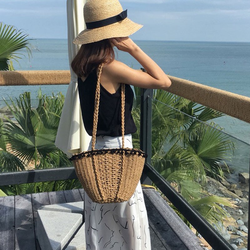 Túi cói xách tay có tua rua thời trang đi biển phong cách vintage Labonia