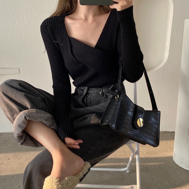 Áo Dệt Kim Tay Dài Cổ Chữ V Thời Trang Hàn Quốc Cho Nữ