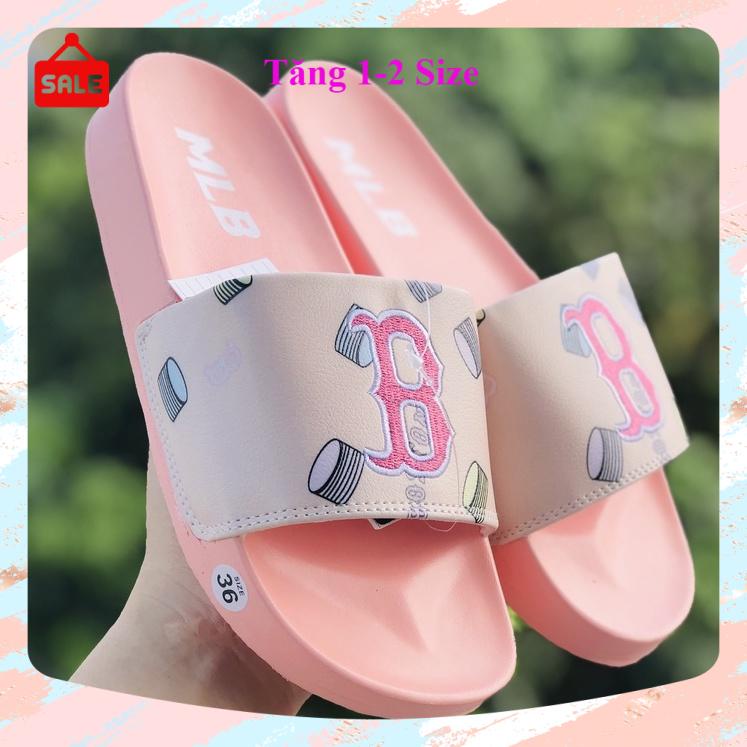 Dép unisex 𝐌𝐋𝐁 ❤️FREESHIP + Hộp❤️ dép mlb quai ngang thể thao nam nữ thêu nỗi Chữ B full hồng, kèm tem tag mác đầy đủ