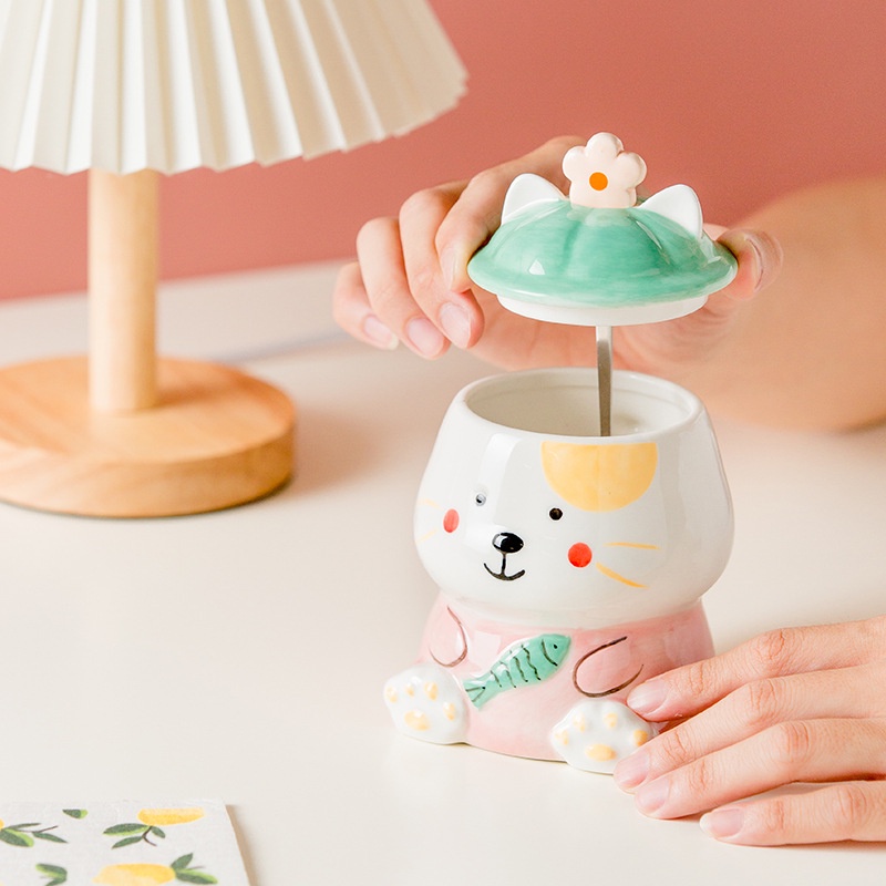 Cốc Sứ In Hình Mèo Hoạt Hình Kèm Muỗng Sáng Tạo Cho Học Sinh