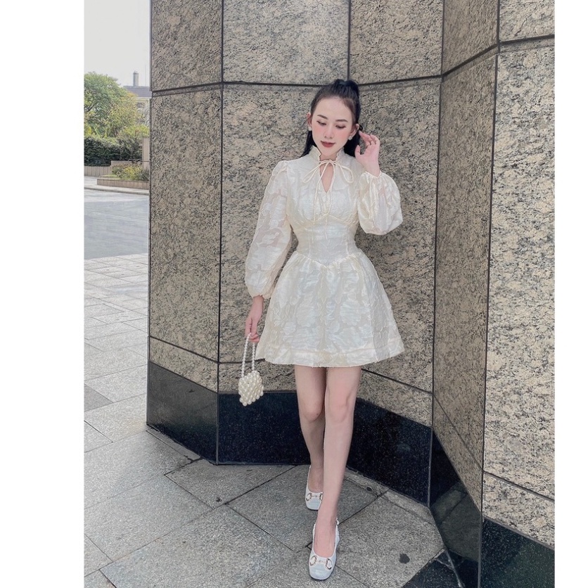 🔥40-65K🔥 Đầm váy xoè ngắn 🔥ren nổi lót lụa🔥 bigsize nhún eo tay phồng kem cổ V đi biển dự tiệc dạo phố gợi cảm sexy