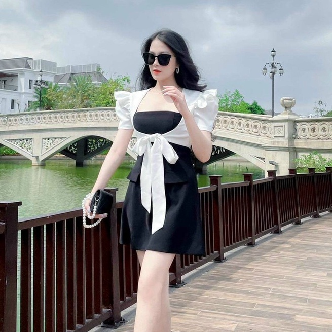Váy đầm nữ tay ngắn hai dây,kèm áo khoác cột nơ, thời trang nữ cho nàng dạo phố