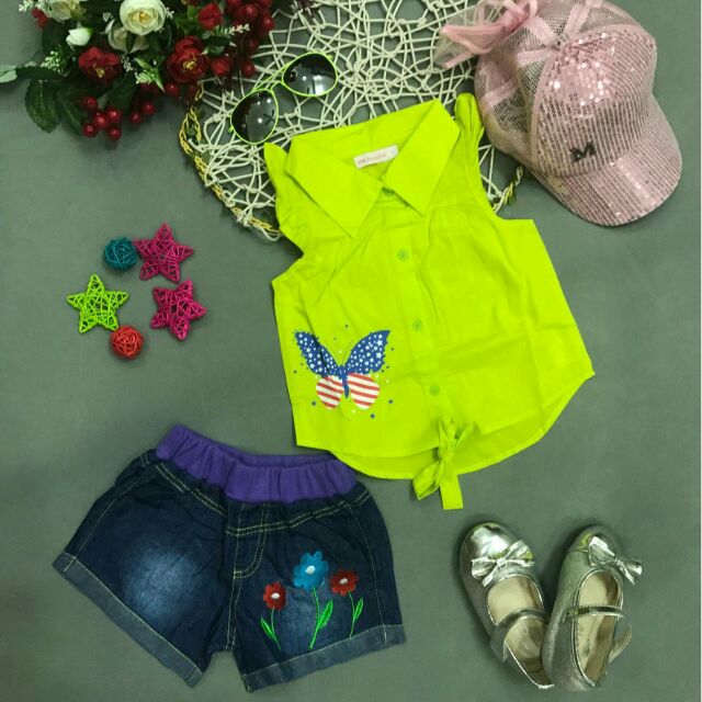 Set bộ jean áo sơ mi cột vạt cho bé gái bé gái
