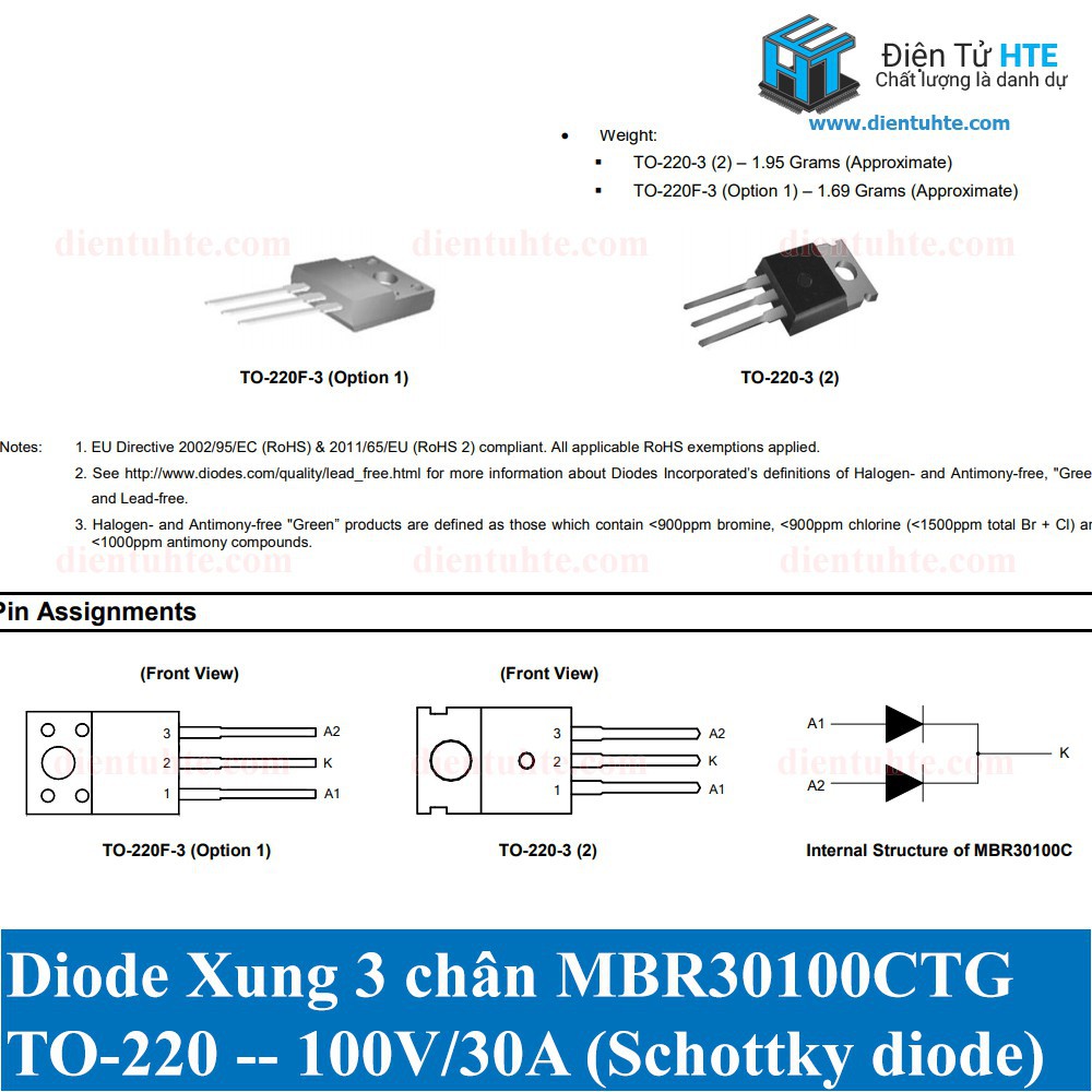 Diode xung 30100 MBR30100CTG B30100G 100V 30A TO-220 chính hãng